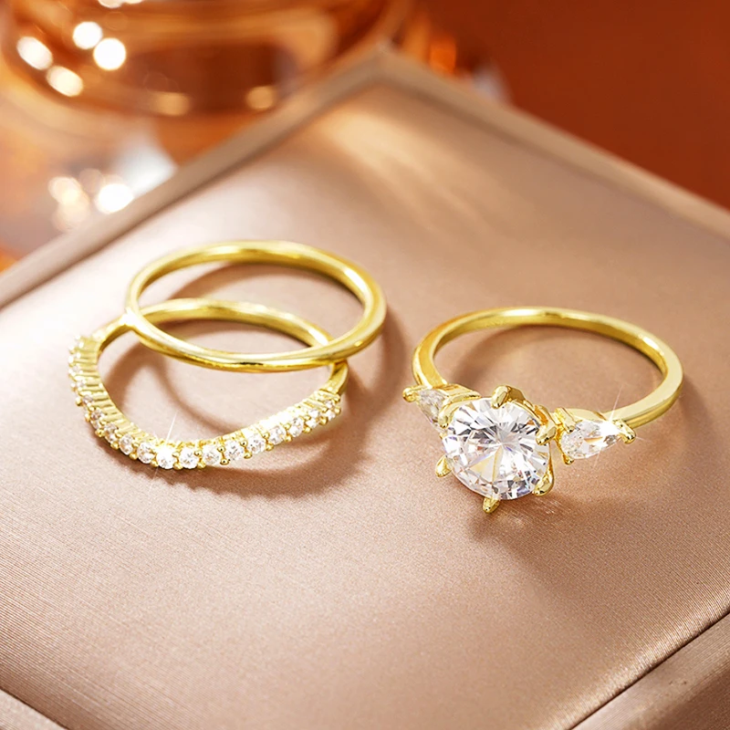Huitan declaración 3 uds conjunto de anillos de circonia cúbica para mujer para fiesta de boda Color dorado temperamento anillos de dedo femeninos joyería de moda
