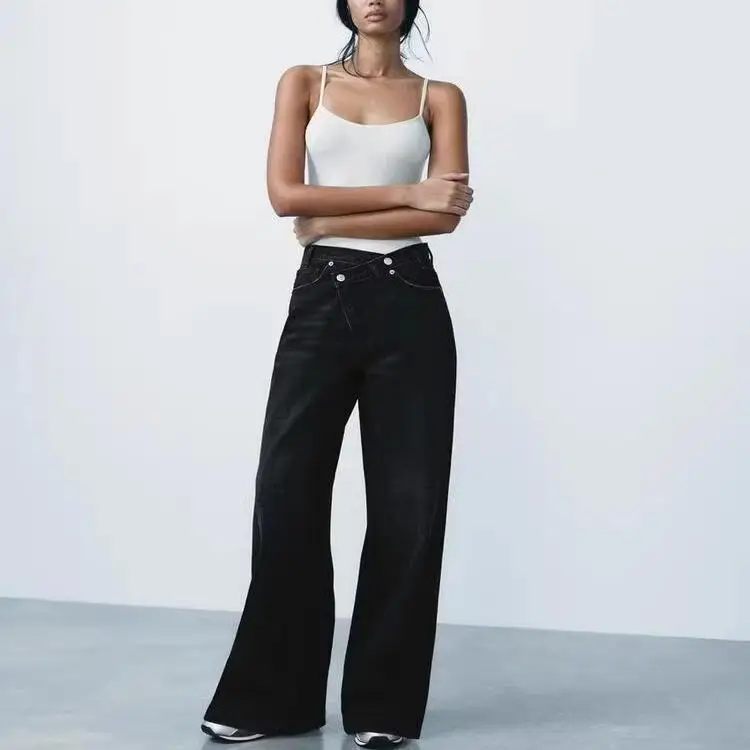 Herbst Winter Damen Vielseitige Jeans mit hoher Taille und weitem Bein, gerade geschnittene Hose, zweireihige, lässige SLE-Denim-Hose