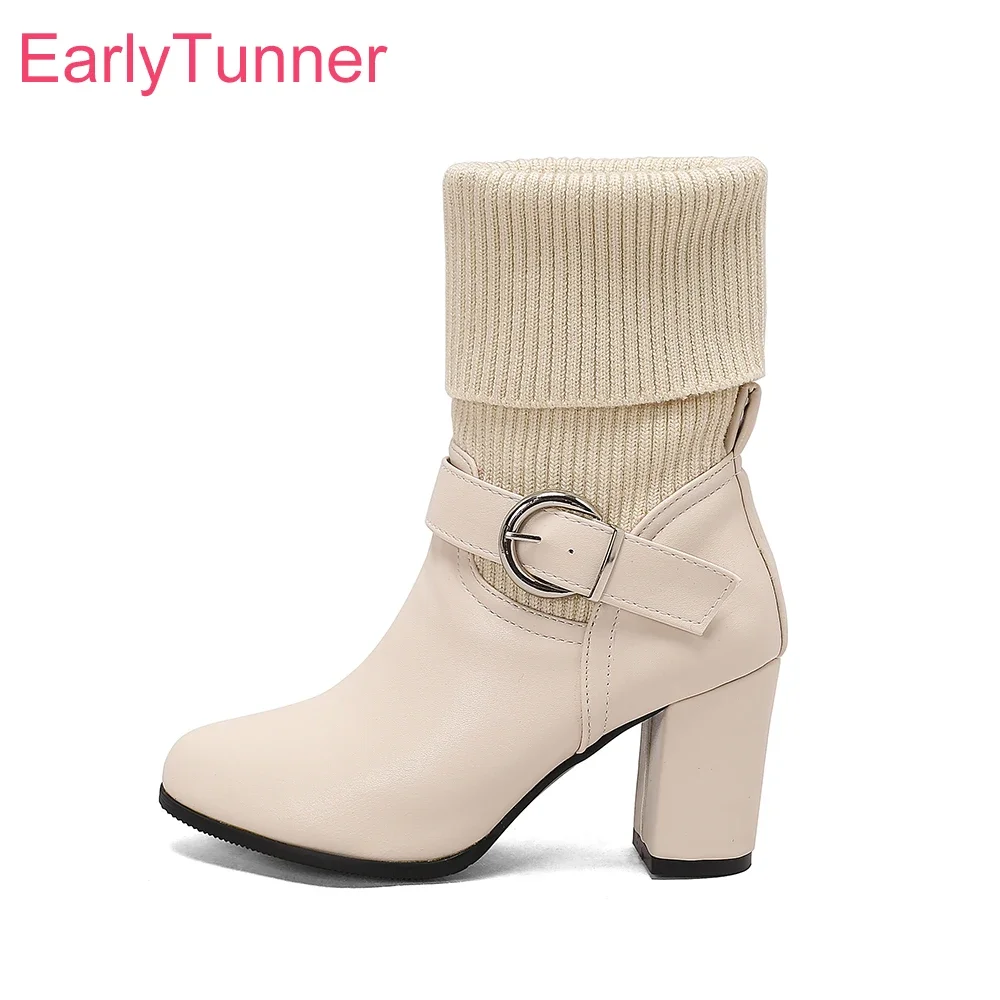 

Новые зимние элегантные бежевые черные женские сапоги до середины икры, популярные женские туфли на высоком каблуке для вечеринок, маленькие большие размеры 33, 13, 43 46 52