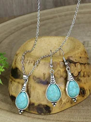 Bohemian Jewelry Set Simple turquoise Earrings Silver Geometric Set Turquoise Pendant Necklace