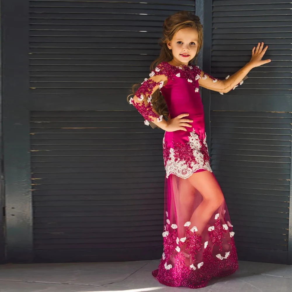 Vestido de fiesta de cumpleaños para niñas, vestidos de desfile de sirena con cuentas rosas, tren desmontable 3D, transparente, vestido de comunión infantil