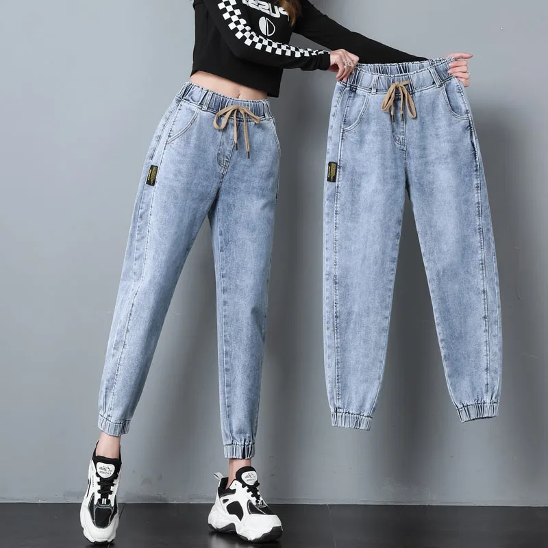 

Женские летние джинсы-шаровары из хлопка с высокой талией, стрейч, укороченные, свободного кроя, с эффектом похудения, светлые