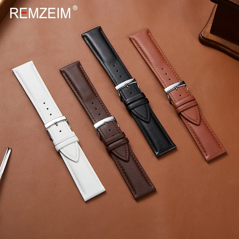 Genuine Leather Watch Strap Cowhide Watchband Smart Watch Strap Accessories 18mm 20mm 22mm Black Brown White Blue Belt