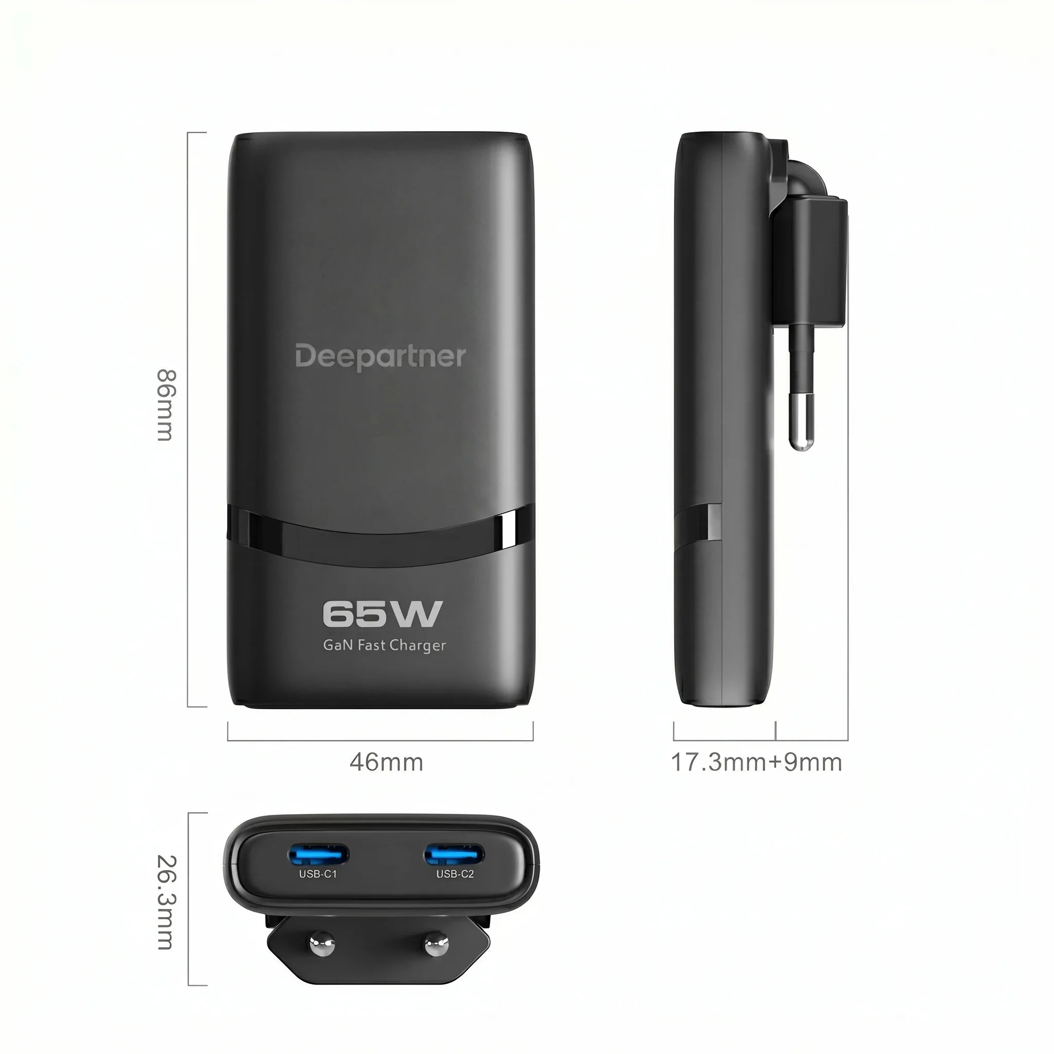 Deepartner 65W flaches GaN-USB-C-Ladegerät, Dual-Port-Schnell-Wandladegerät, kompakter Netzadapter mit klappbarem Stecker für Mobiltelefone – Detail 5