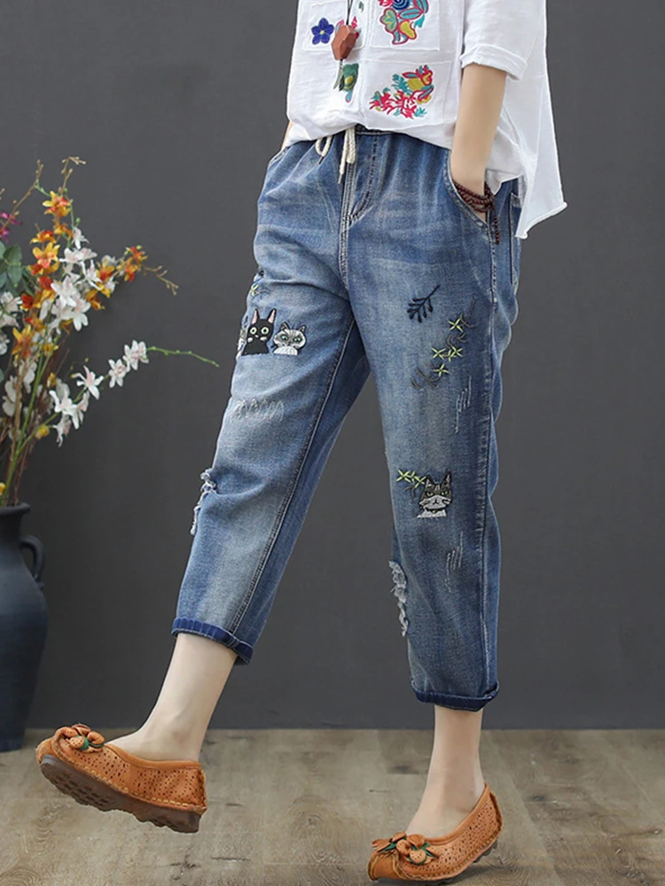 Max Lulu Mode Herbst Streetwear Jeans hose Damen Vintage elastische Jeans Damen lässig lose Stickerei Harems hose