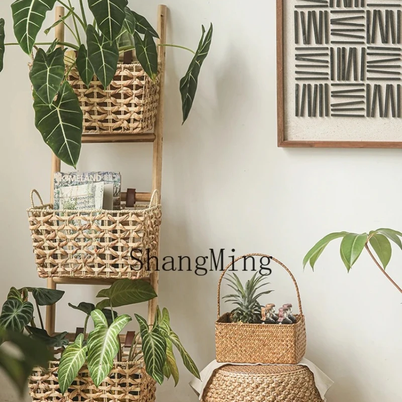 FG premium three-layer straw ladder retro storage rack multi-layer floor-to-ceiling living room decorative ornament rack