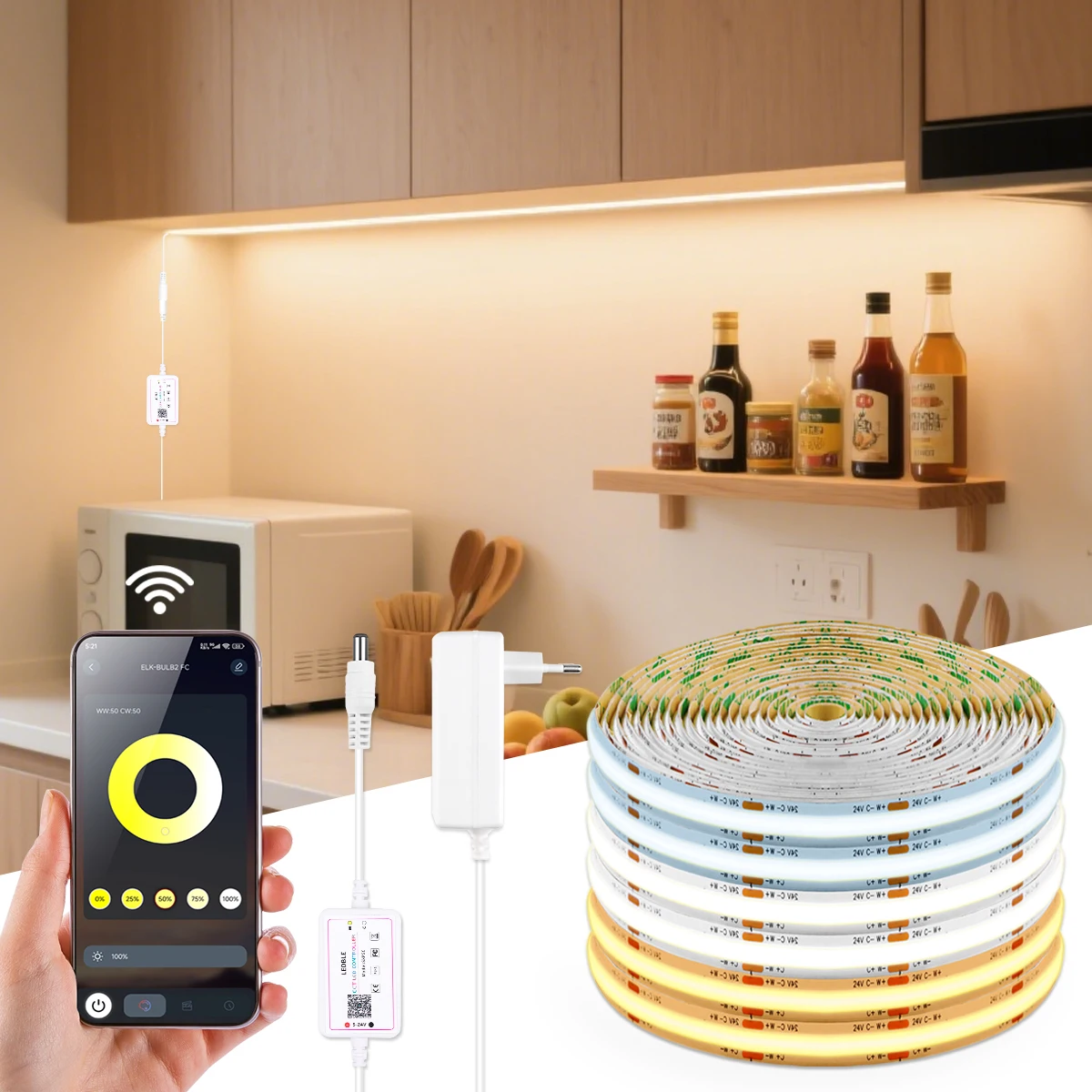 

Wireless Bluetooth APP Control Under Cabinet LED Light Strip CCT 2700K-6500K Color Temperature Dimmable COB LED Tape For Kitchen