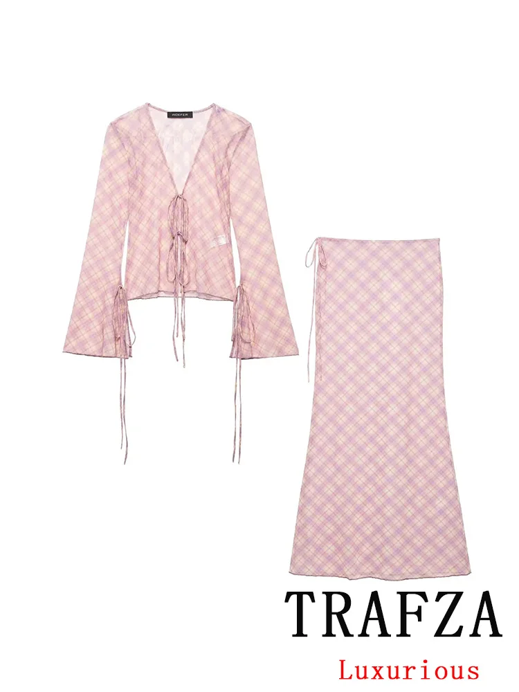 

TRAFZA Casual Women Suit Pink Print V-Neck Lace-up Loose Blouse Long Straight Skirt New Fashion 2025 Spring Summer Holiday Sets