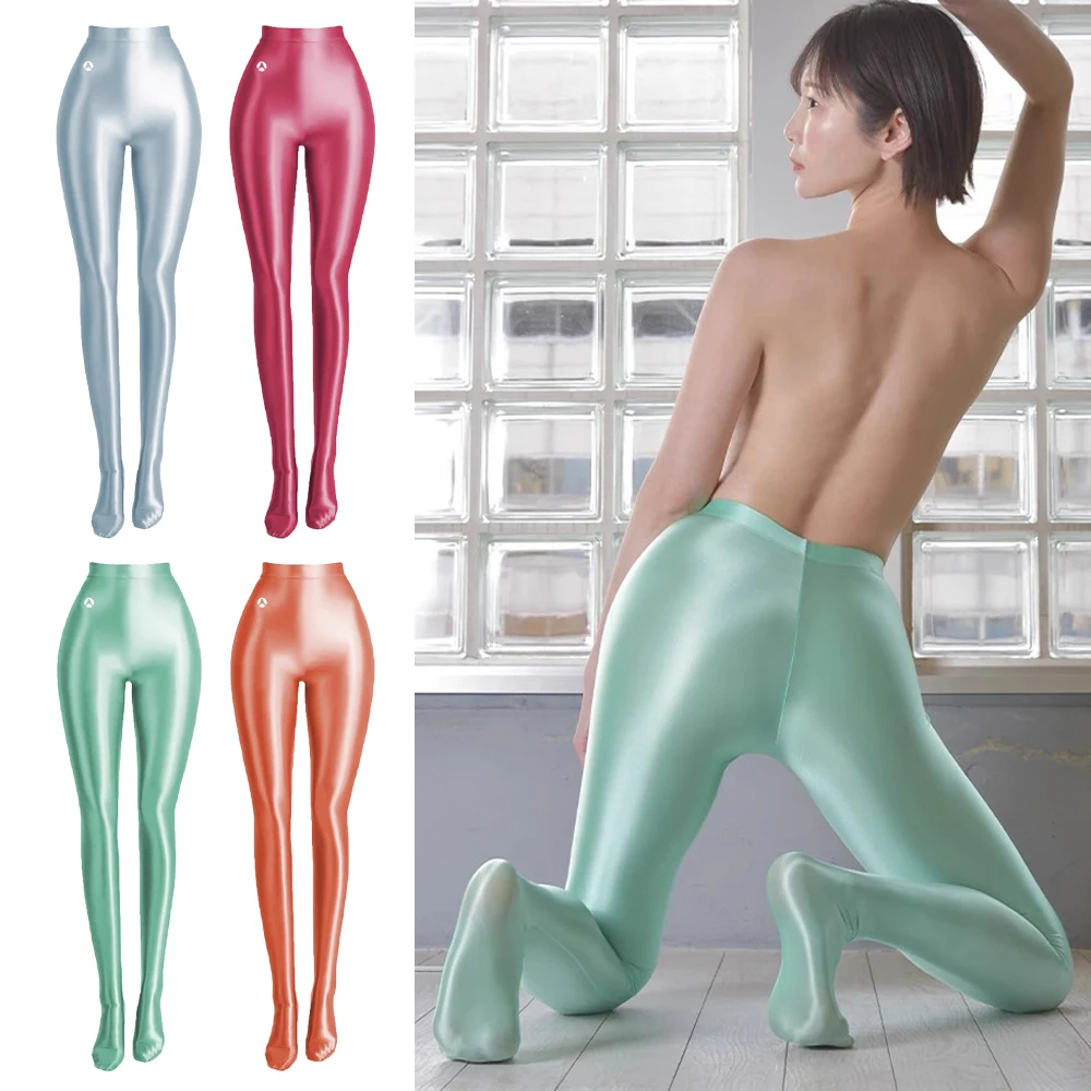 AMORESY 女性サテン光沢のある超薄型透明レギンスハイウエストストッキングヨガピラティスランニングオイルフィットネスジェギンスタイツ
