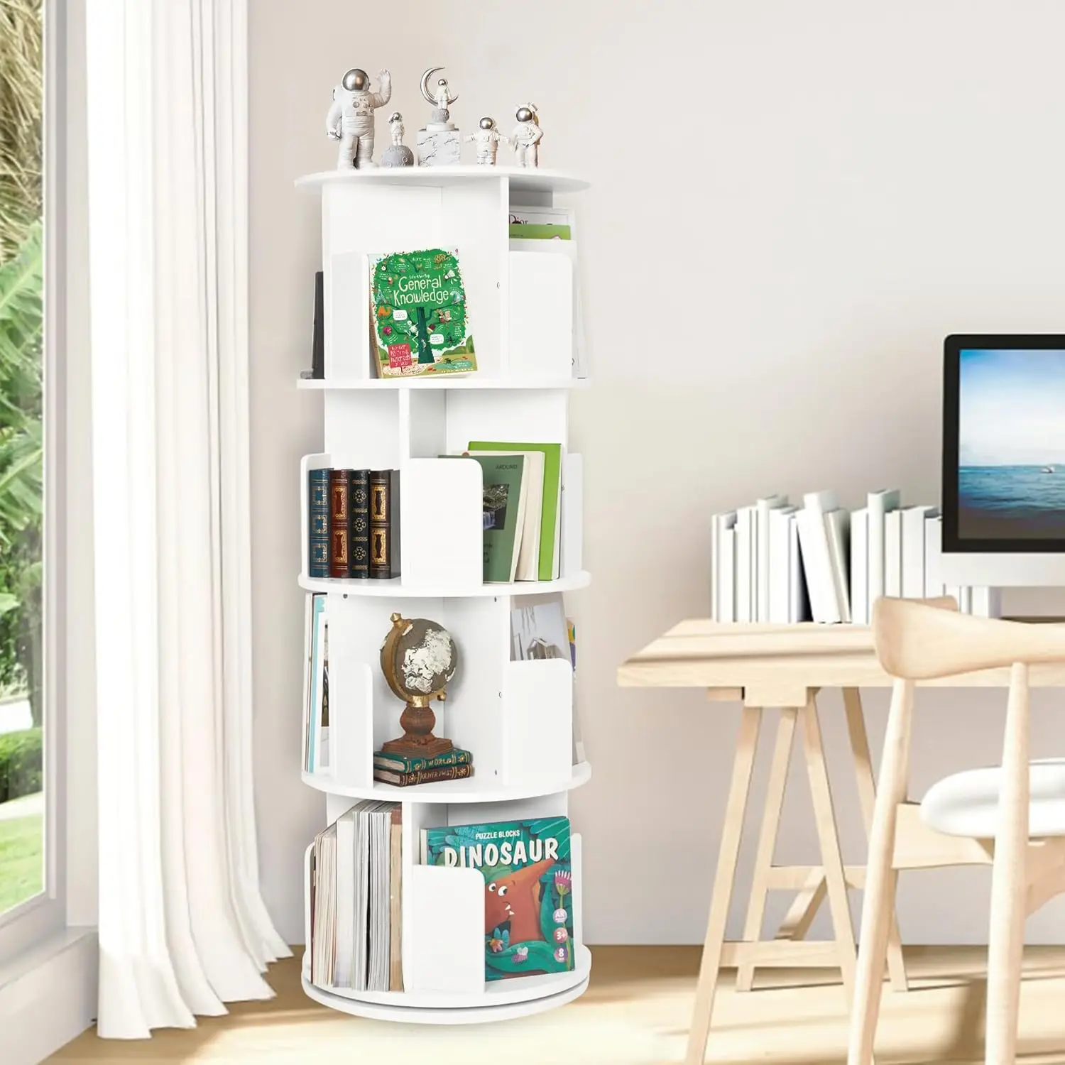 Bookshelf,Wood Corner Bookshelf 4 Tier 360 Display Spinning Bookshelf Floor Standing Bookcase Stackable Bookshelf Stora