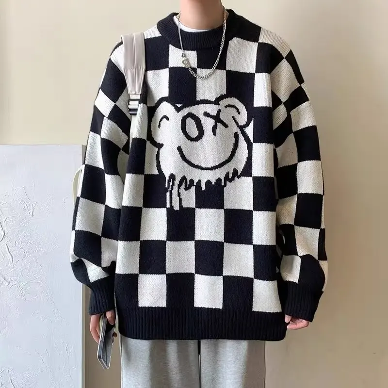 

Loose Fit Men's Knitted Sweater round Ne Plaid Pattern Autumn Winter Large Size Comfortable Lazy Sle Overhead Pullover