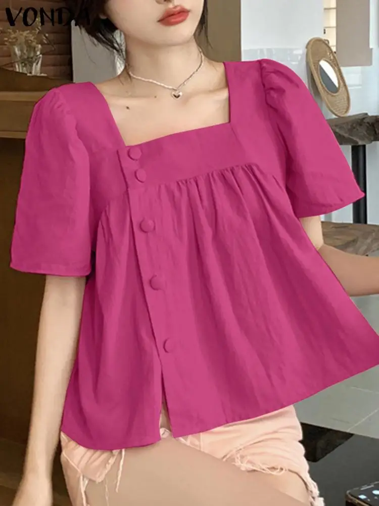 

VONDA Women Elegant Shirts Fashion Tops 2023 Summer Tunic Short Sleeve Square Collar Buttons Blouses Casual Loose Solid Blusas