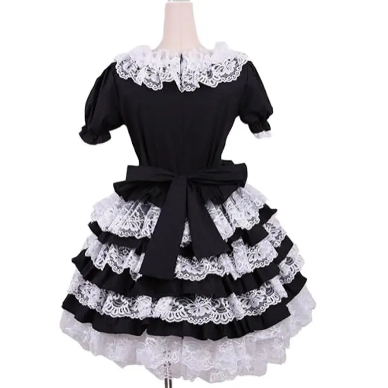 Classic Gothic Black Satin White Lace Ruffle Lace Strap Elastic Cuff Bow Lolita Adult Party Role Playing Dress Customization