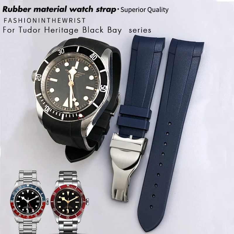 Image of 20mm 21mm 22mm Gebogenes Gummi-Silikon-Uhrenarmband für Tudor Black Bay 1958 GMT Pelagos mit Dorn-/Faltschließe, Schwarzes Uhrenband