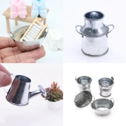 2Pcs Mini Tin Bucket Sprinkler Pot Doll House Outdoor Courtyard Horticultural Tools Miniature Scene Prop Model