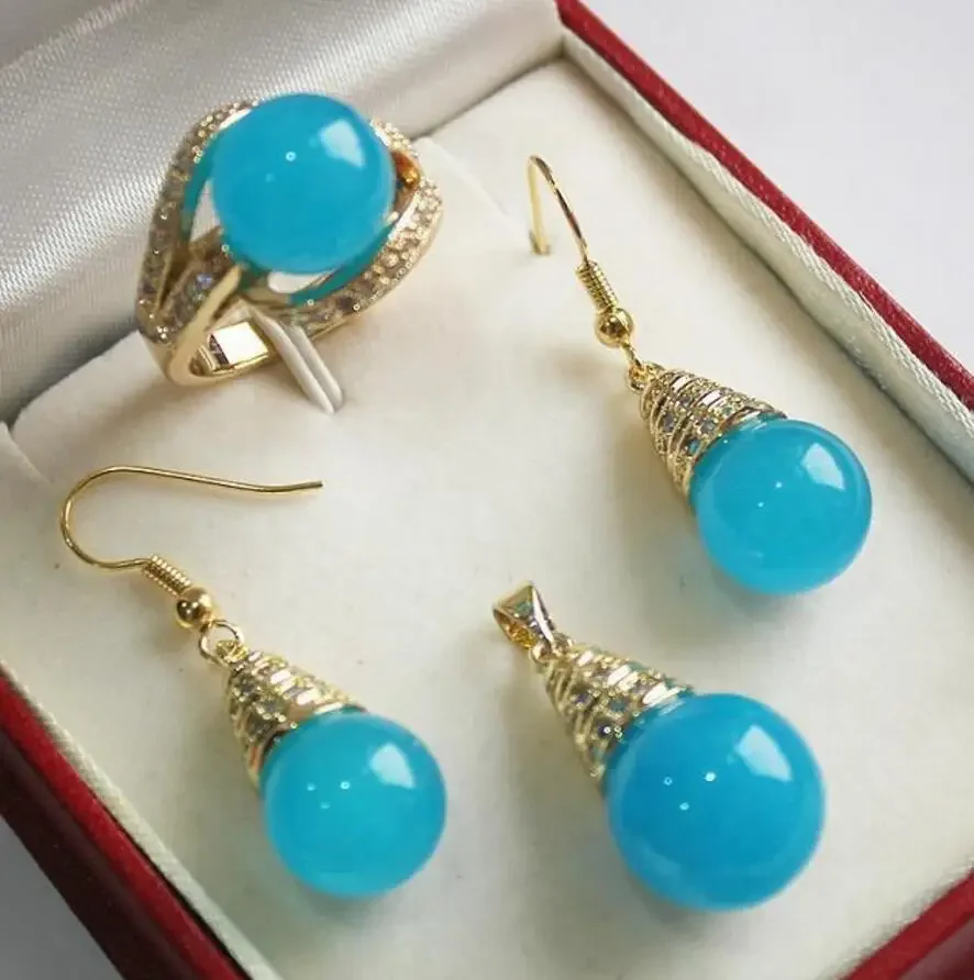 

beautiful new jewelry 12mm blue jade pendant earring ring set