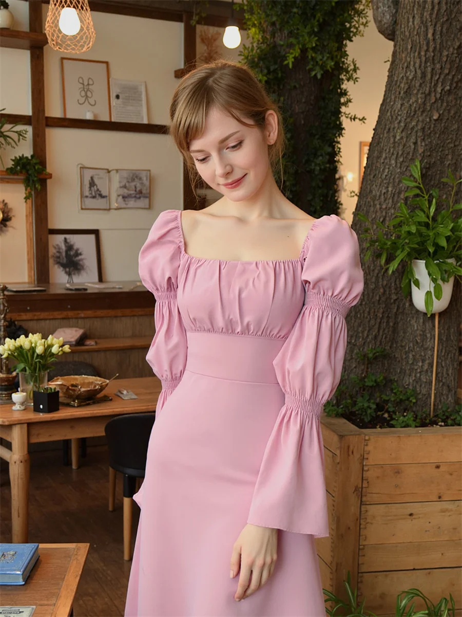 فساتين نسائية للحفلات النسائية أنيقة بياقة مربعة قابلة للطي وفتحة جانبية وفتحة عالية ومقسمة وفتحة مجوفة