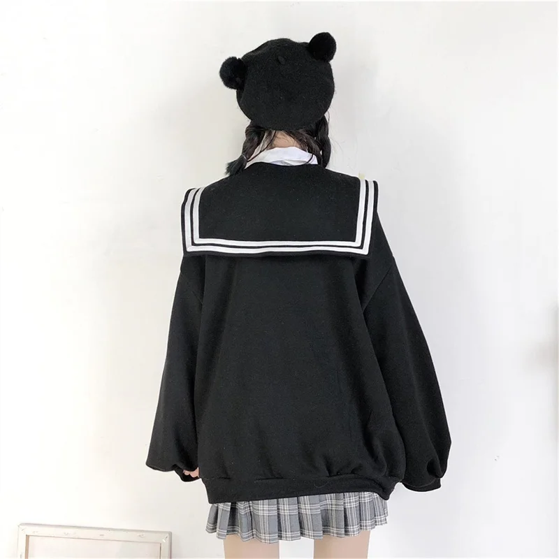 Kawaii Black Zip Up Hoodie Women Sailor Collar Sweatshirt Japanese Streetwear Soft Girl Fashion Oversized Sweatshirt