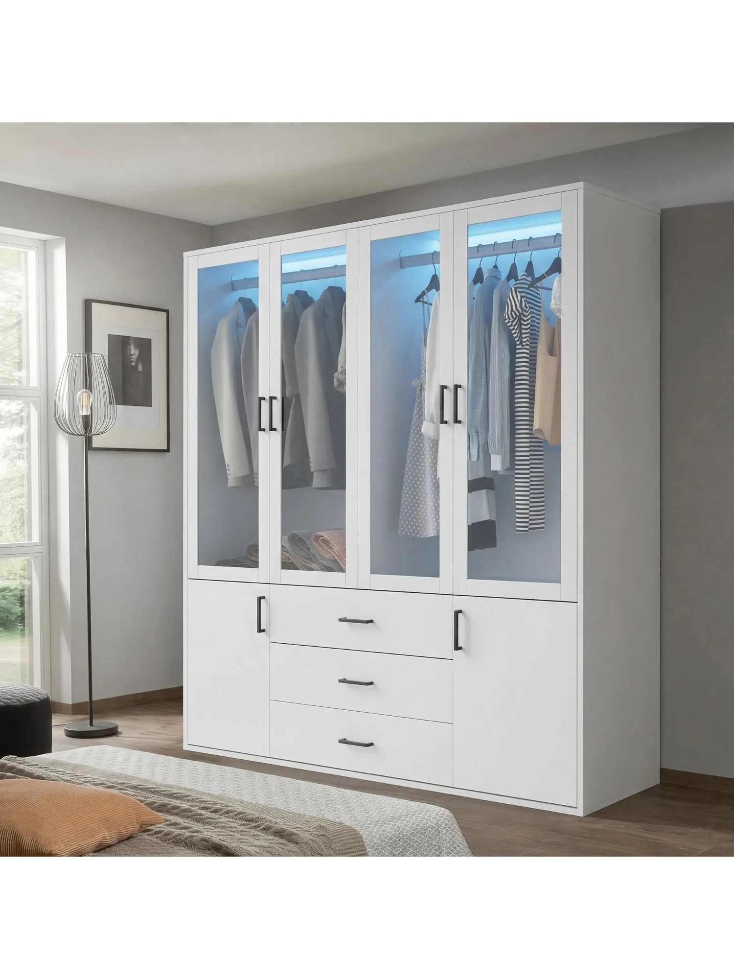 Comanlai kledingkast met spiegel en laden, multifunctionele kast, moderne gangkast met deur, veelzijdige kledingkast voor de slaapkamer - afbeelding 2