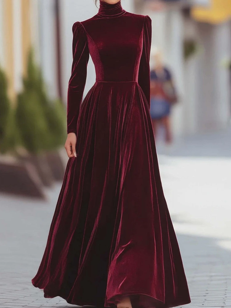 Langärmliges, schlichtes, elegantes Urlaubskleid, Damen-Herbst-Winter-Maxikleid mit halbhohem Kragen, solides Patchwork-Damenkleid