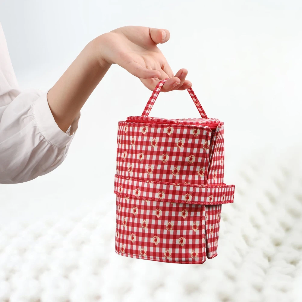 

Knitting Needle Organizer Crochet Hook Bag Woven Storage Red White Check Small Daisy Portable Sewing Supplies Yarn Case