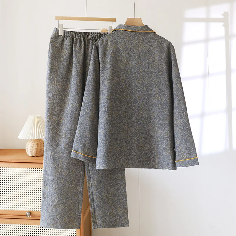 Men's Jacquard Cotton Pajamas Set Lounge Sleepwear Pyjamas Long Sleeve Spring Autumn Loungewear Male Homewear Home Clothes