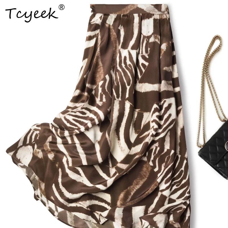 

Tcyeek 100% Real Mulberry Silk Spring Summer Chinese Style Zebra Print A-line Mid Length Women's Skirt Faldas Para Mujeres スカート