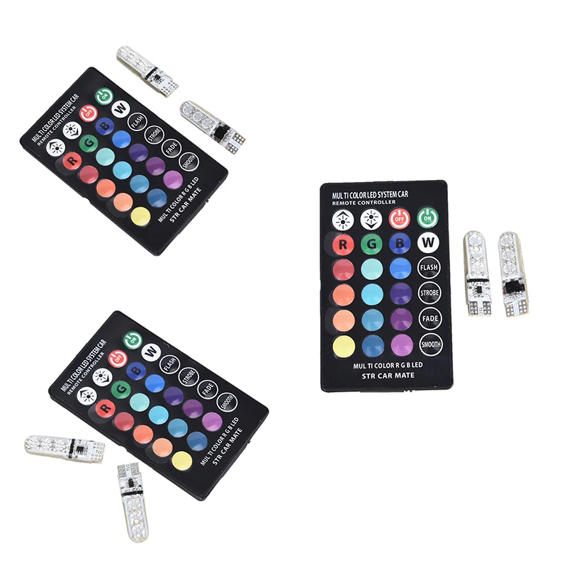 2pcs T10 5050 W5W 6 SMD Remote Control RGB LED Car Dome Reading Light Lamp Bulb
