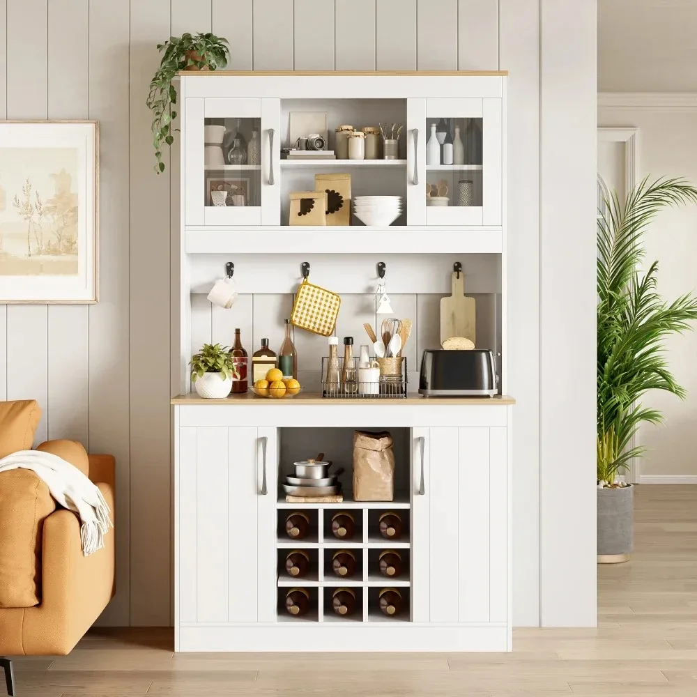 Mueble de cocina tipo buffet con encimera de 175 cm, armario de cocina con puertas de cristal, botellero y barra de colgar, gran armario para vajilla