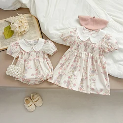 2024 New Summer Sisters Clothes Girls Princess Dress Toddler Baby Bodysuits Short Sleeved Cotton Print Kids Party Dress