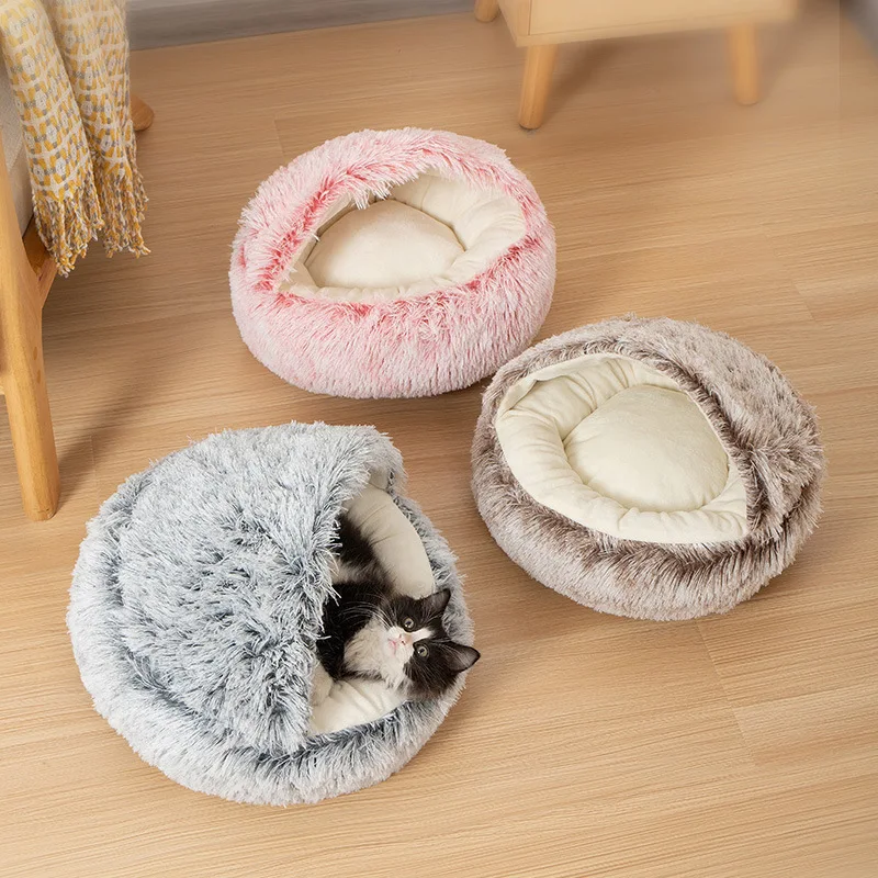 Long Furry Cat Bed Winter Warmth Shell Deep Sleep Semi Enclosed Circular Crystal Velvet Dog Bed Pet