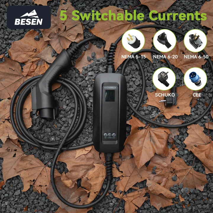 BESEN OEM Carregador de carro portátil IEC 62196-2 Tipo 2 Cabo 6A 8A 10A 13A 16A Schuko Plug Carregador EV ajustável