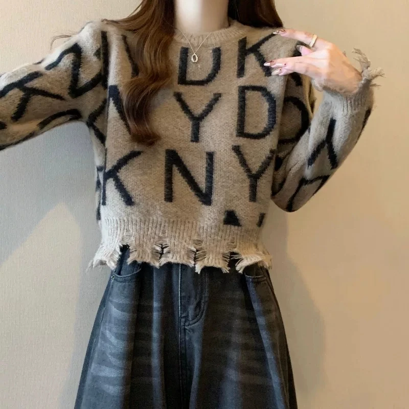 ort レディースセーター 2025年秋冬新作 ファッション ハイウエスト ホールレター刺繍 アウタートップ コットン ロングスリーブ クルーネック...