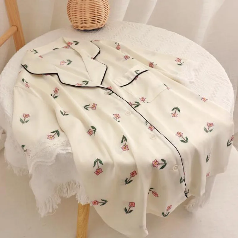 Casual Printed Ice Silk Pajamas Women Summer Smooth Short Sleeve Shorts Two Piece Set Sweet Lace Home Clothes Female Sleepwear