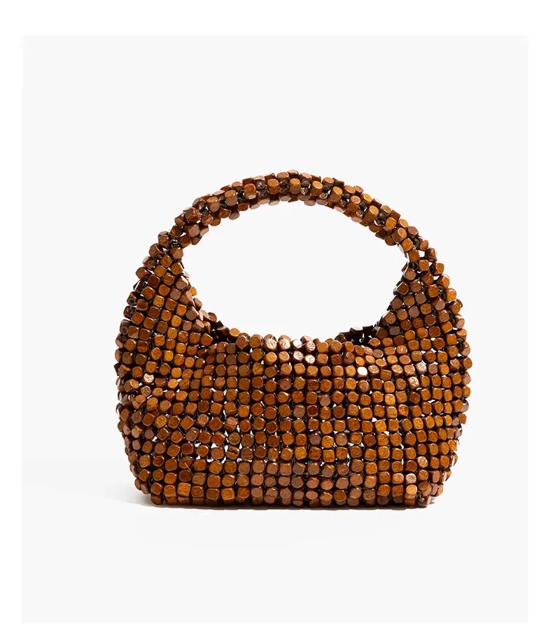 Handmade Woven Clutch Purses For Women Exquisite Design Hollow-out Wooden Bead Small Handbag With a Removable Inner Bag