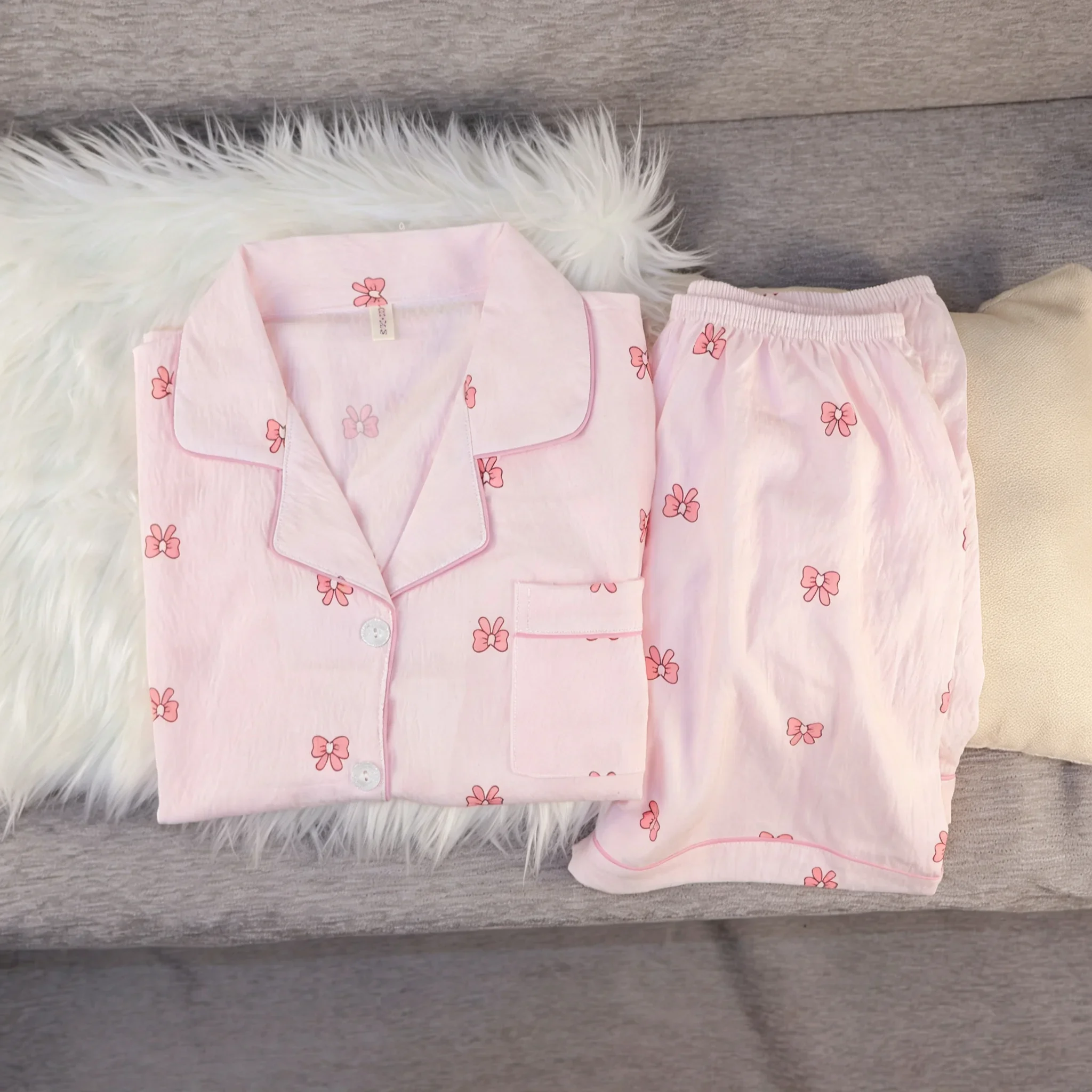 New Women Bow Cute Pajamas Set Short Sleeve Nightwear Cardigan Lapel Neck Cute Cartoon Homewear Sleepwear Loungewear Summer
