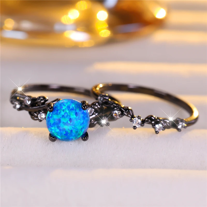 Cute Female Blue Fire Opal Round Leaf Engagement Ring Set Cute Black Gold Color Wedding Jewelry For Women