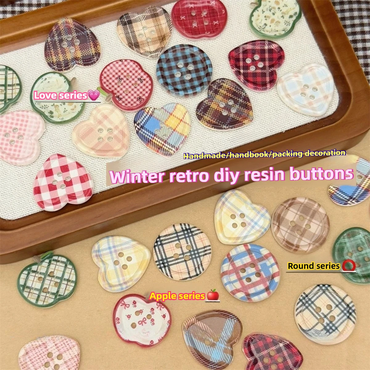 

5/10pcs Cute Apple Love Circle Buttons Colored Plaid Korean Vintage DIY Handmade Decoration Materials Clothing Accessories