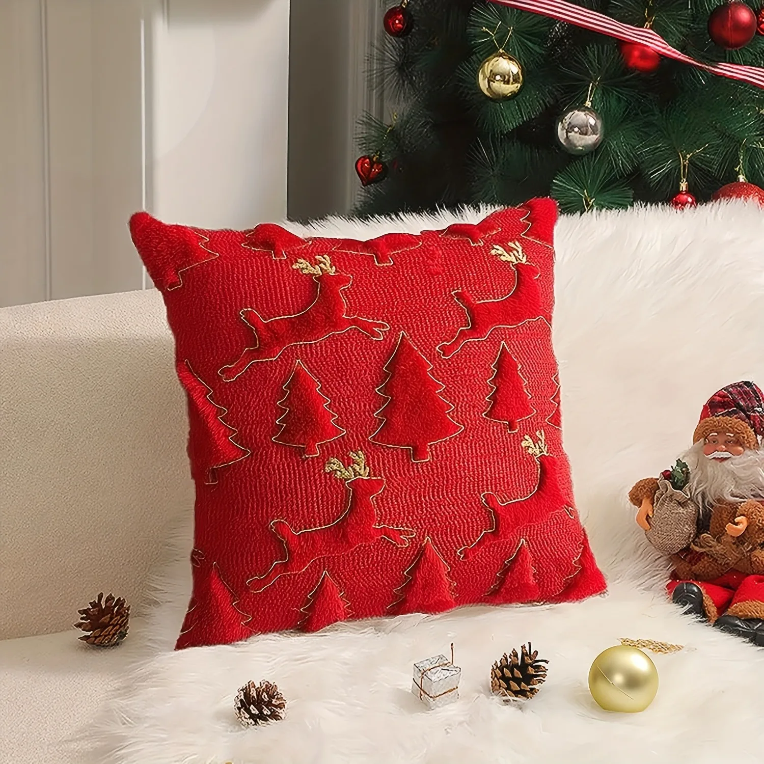 Red Christmas Decoration Pillowcase 18x18 Inches with Golden Strokes Soft Plush Deer & Christmas Tree Jacquard Cushion Cover