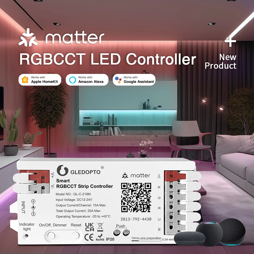 

Matter RGBCCT LED Controller 15A Per Ch 20A Total Compatible Apple Alexa Google Home DC12-24V Dimmer SIRI Voice Smart Control