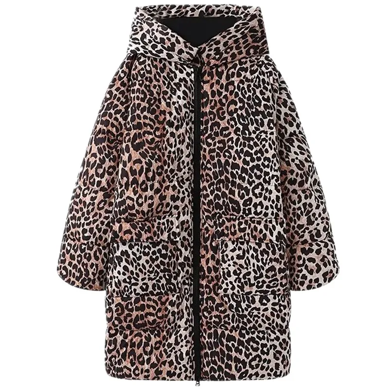 Winter 2024 Women's Long Sve Leopard Print Cotton Jaet Coat Commute Versatile Design Loose Fit Zipper Closure Outerwear