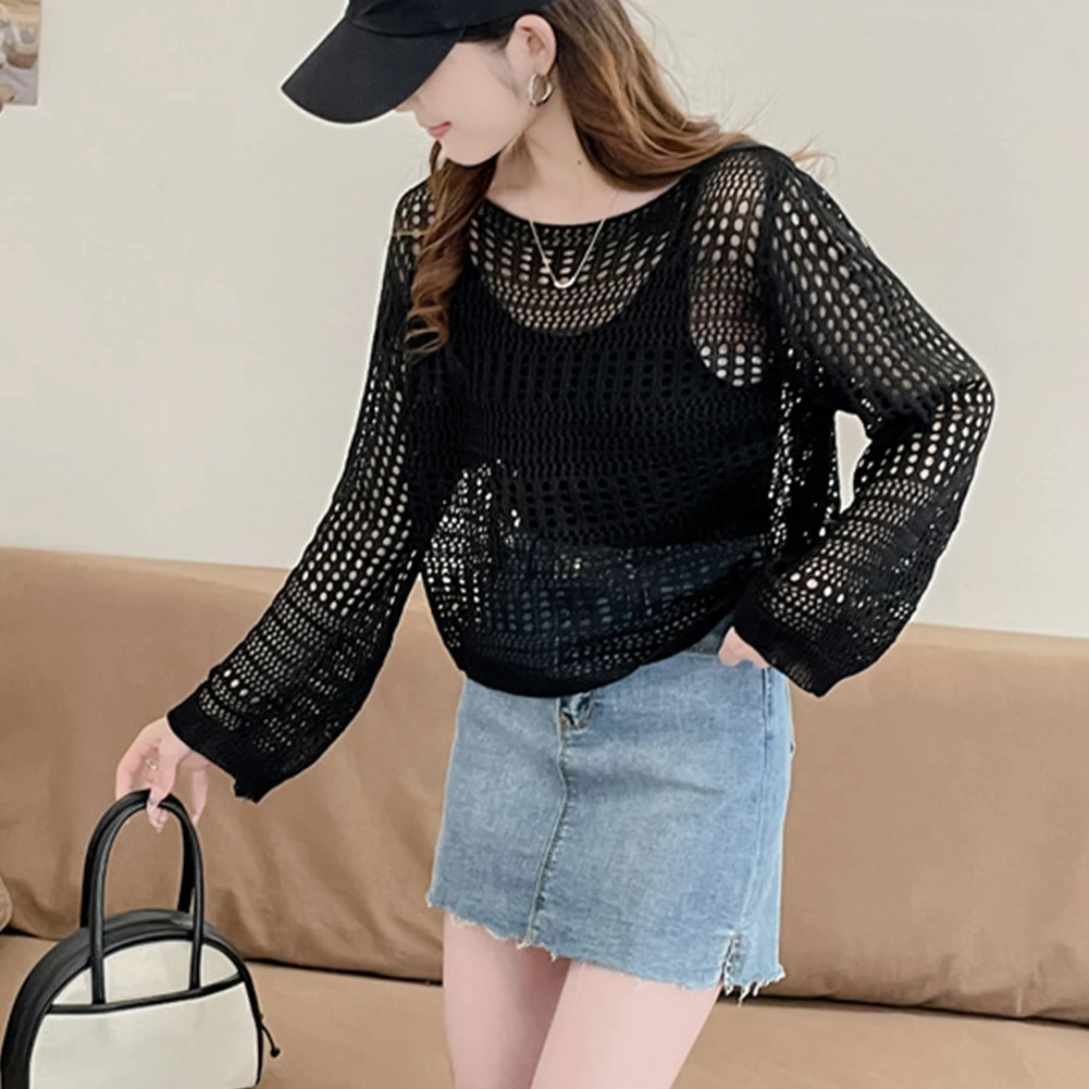 

Sun Protection Knitted Blouse Stylish Women's O-neck Knitting Tops With Short Sleeves Hollow Out Design Sunscreen For Streetwear