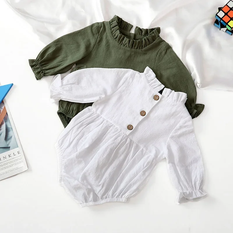 Bodysuits & One-Pieces New Long-sleeved Cotton Linen Newborn Romper Solid Color Flying Sleeves Lace Neckline Onesie image 3