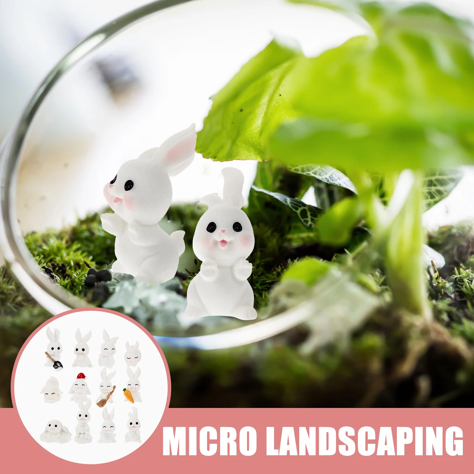 

12Pcs Miniature Resin Rabbit Snow Scene Decor Cartoon Bunny Micro Landscape Statues for Easter Party Cake Decoration