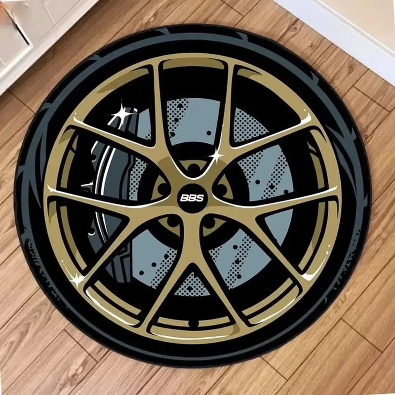 Racing Car Wheel Round Rug, 3D Visual Non-Slip Floor Mat, Soft Plush Gamer Room Carpet, Aesthetic Bedroom Home Decor