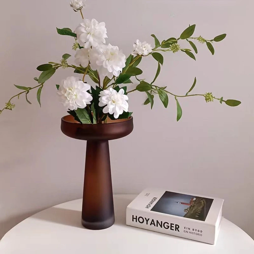 Nordic Vintage Brown Frosted Glass Vase Elegant Pedestal Flower Holder Wedding  Party Living Room Bedroom Home Decor