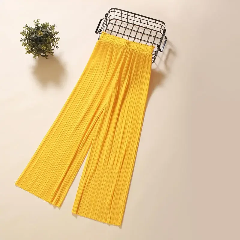 

Beach Yellow Female Pants Elastic Waist Loose Baggy Clothes Trousers for Women Brown Cotton Outfits Chic and Elegant 90s Slacks