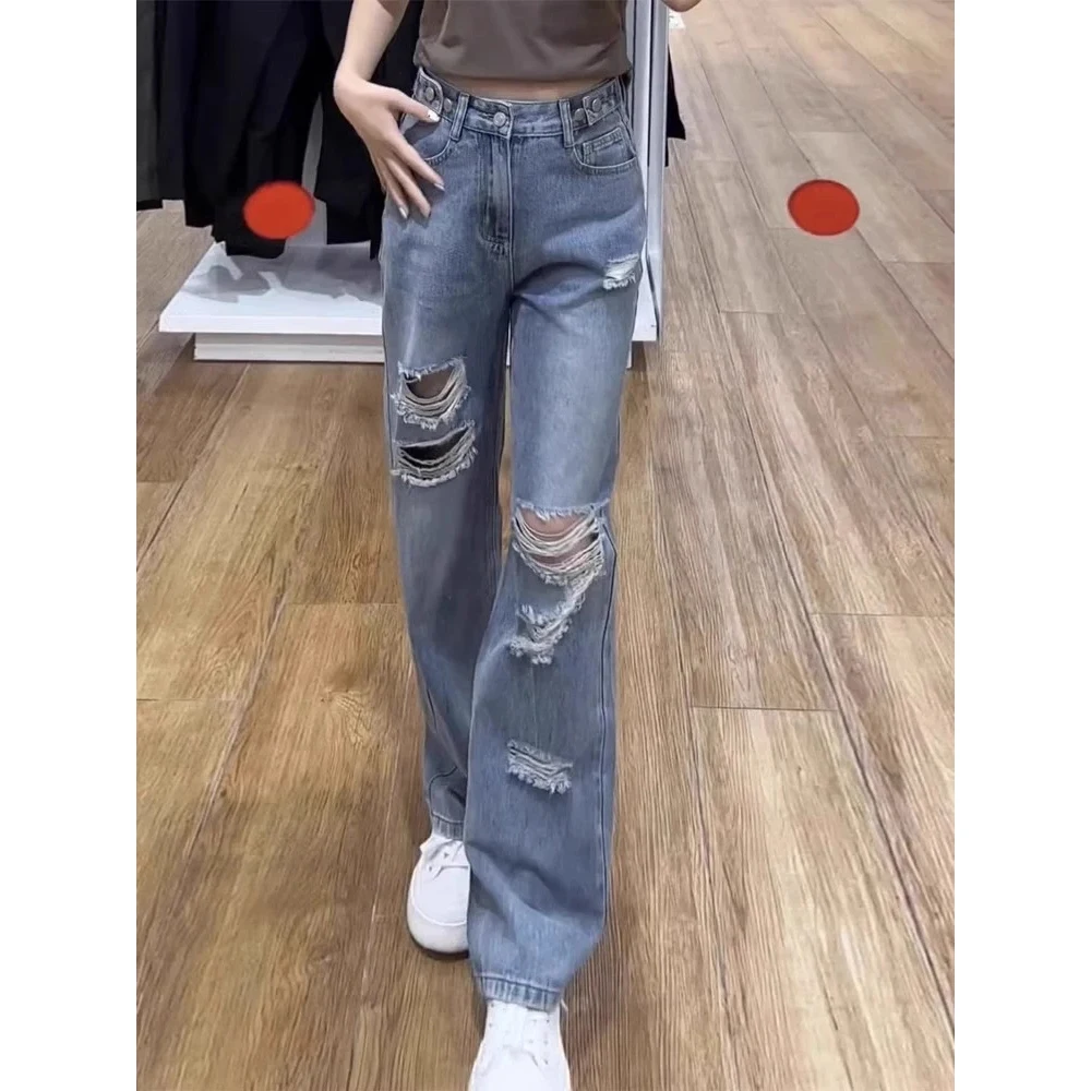 Jean coréen à trous pour femmes, pantalon Long en Denim, ample, taille haute, droit, grande taille, Cowboy, jambes larges, nouvelle collection printemps été