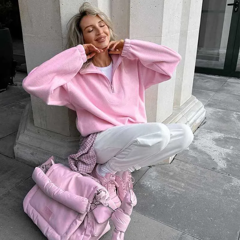 Casual Fleece Lapel Sweatshirt Women Pink Loose Zippers Long Sleeve Pullovers 2024 Autumn New Lady Fashion All-match Outwear