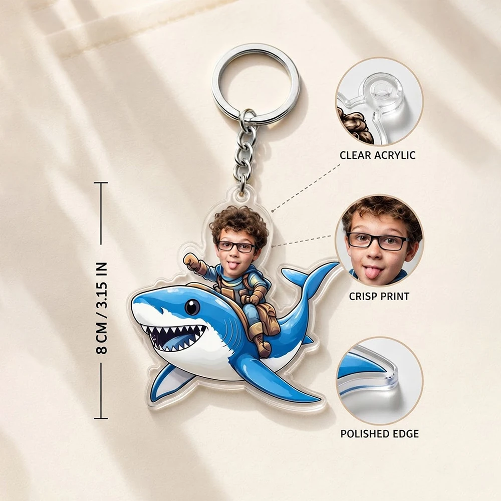 Custom Photo Cartoon  Keychain,Personalized Shark Rider Key Ring,Fun Keepsake Accessory,Backpack Decor,Birthday Gift For Kids
